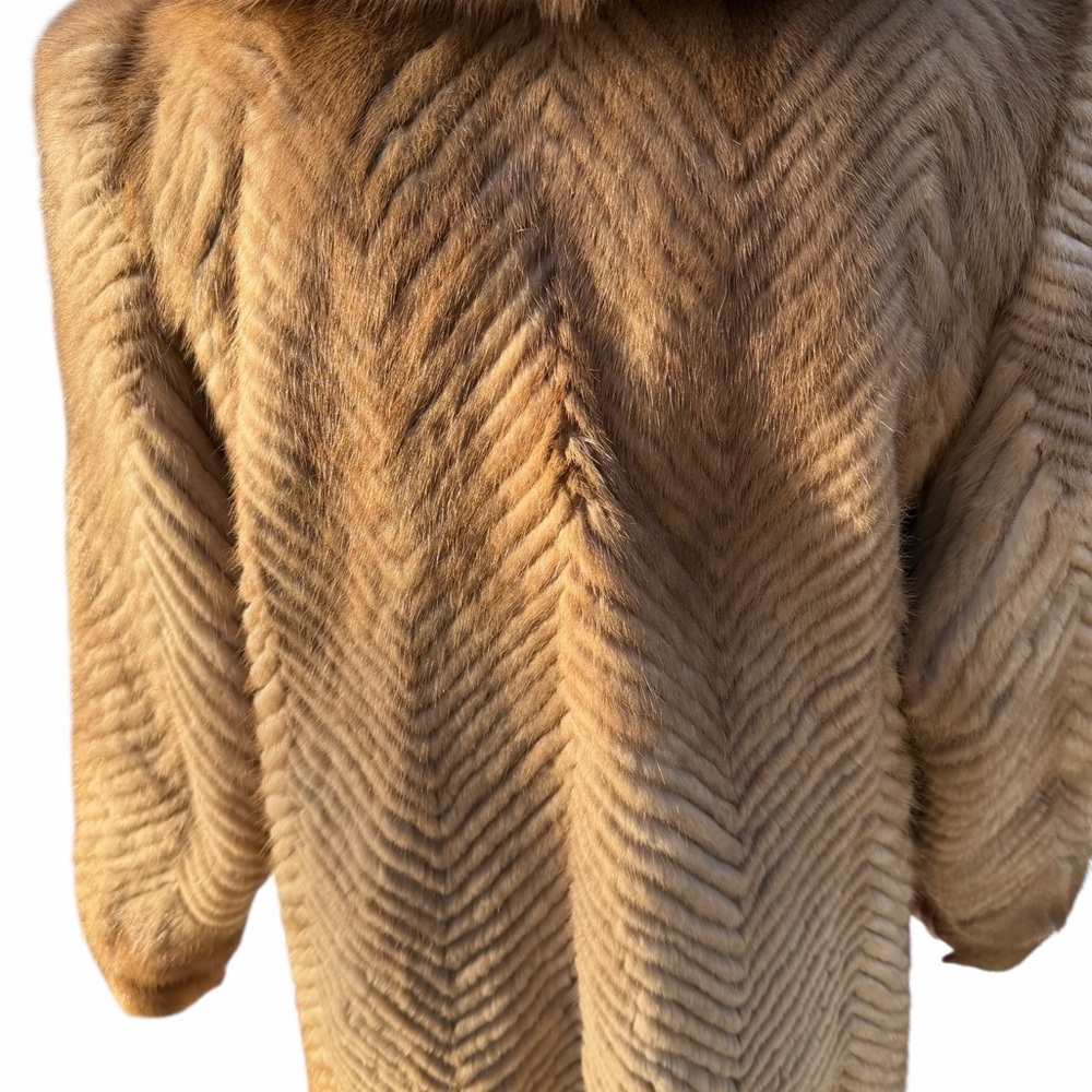 RARE Authentic SAGA Mink Fur Long Coat Camel Brown Herringbone SAGA Fox Trim M - Picture 9 of 14